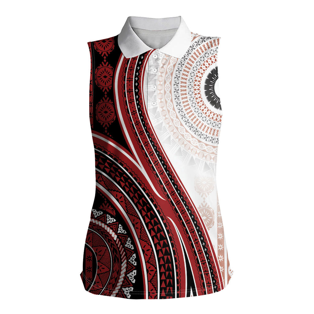 Bula Fiji Vintage Tapa Women Sleeveless Polo Shirt Kaivity Masi Wave Motifs - Red