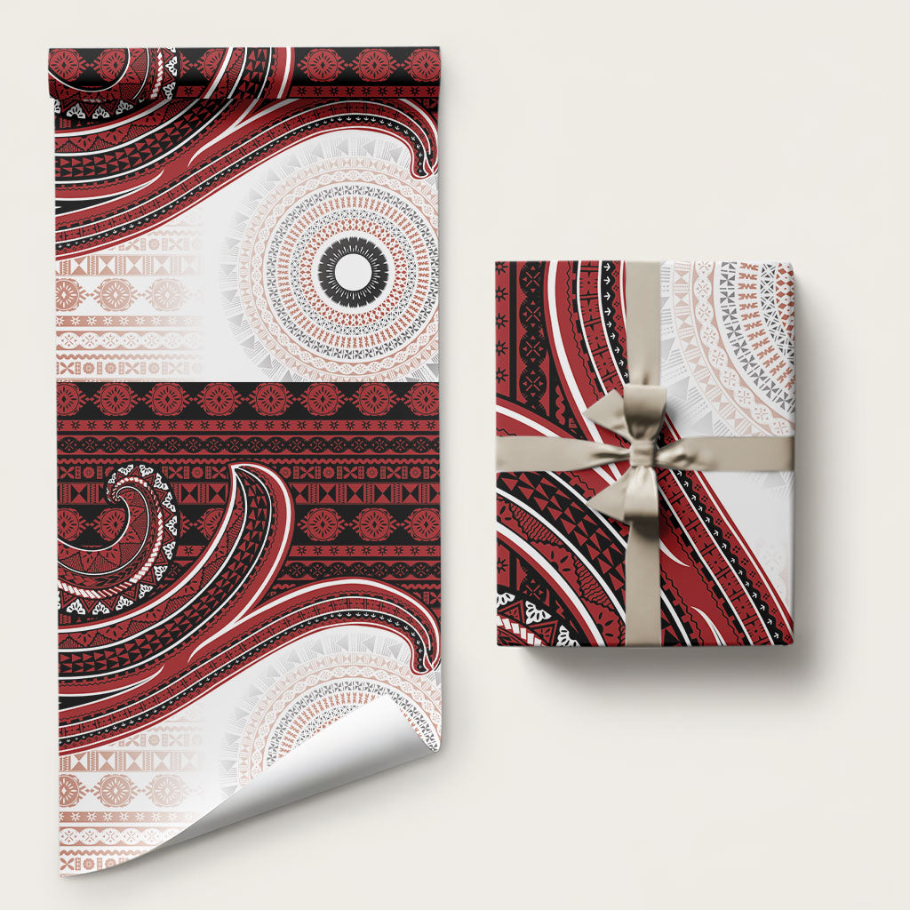 Bula Fiji Vintage Tapa Wrapping Paper Kaivity Masi Wave Motifs - Red LT7 58" × 23" Red - Polynesian Pride