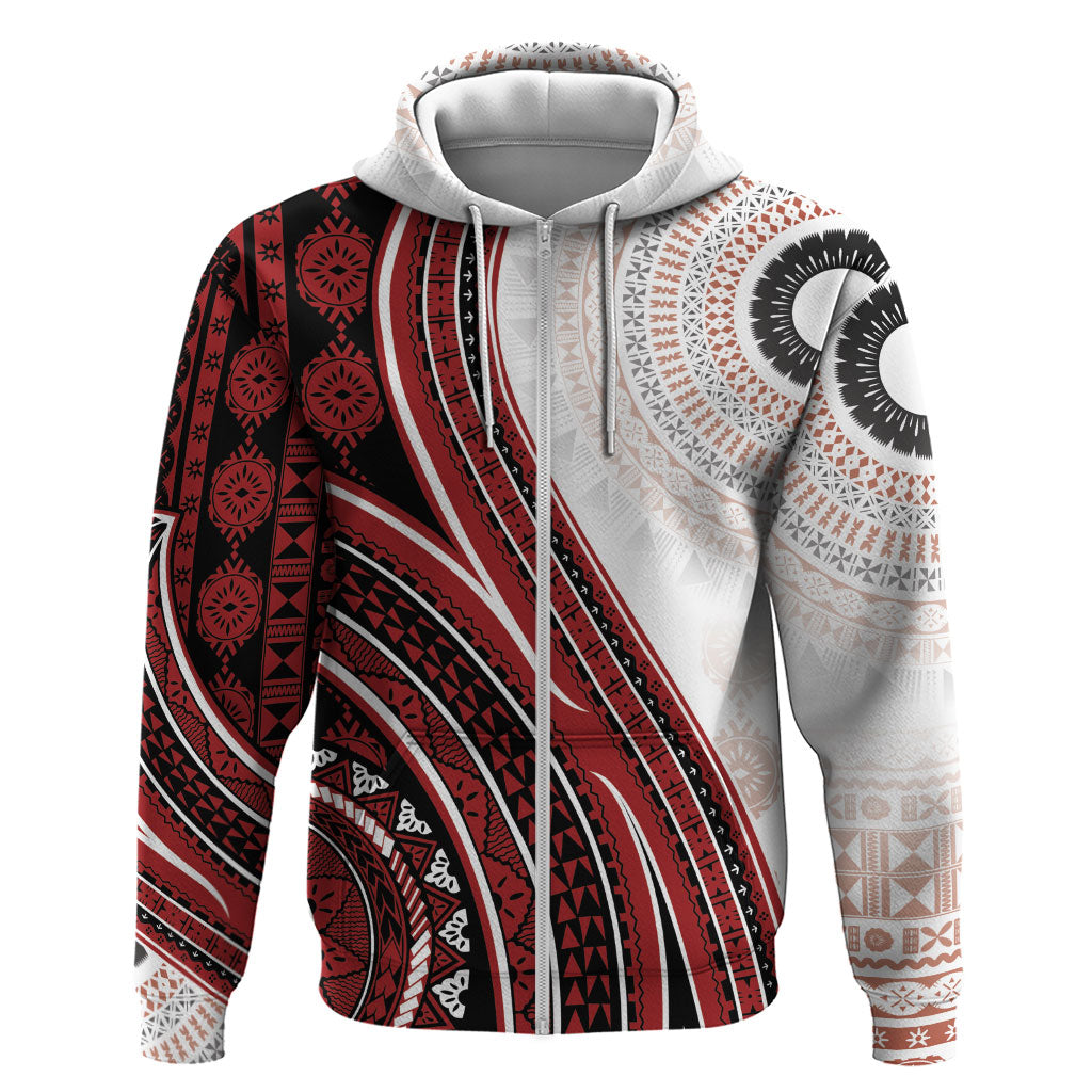 Bula Fiji Vintage Tapa Zip Hoodie Kaivity Masi Wave Motifs - Red LT7 Zip Hoodie Red - Polynesian Pride