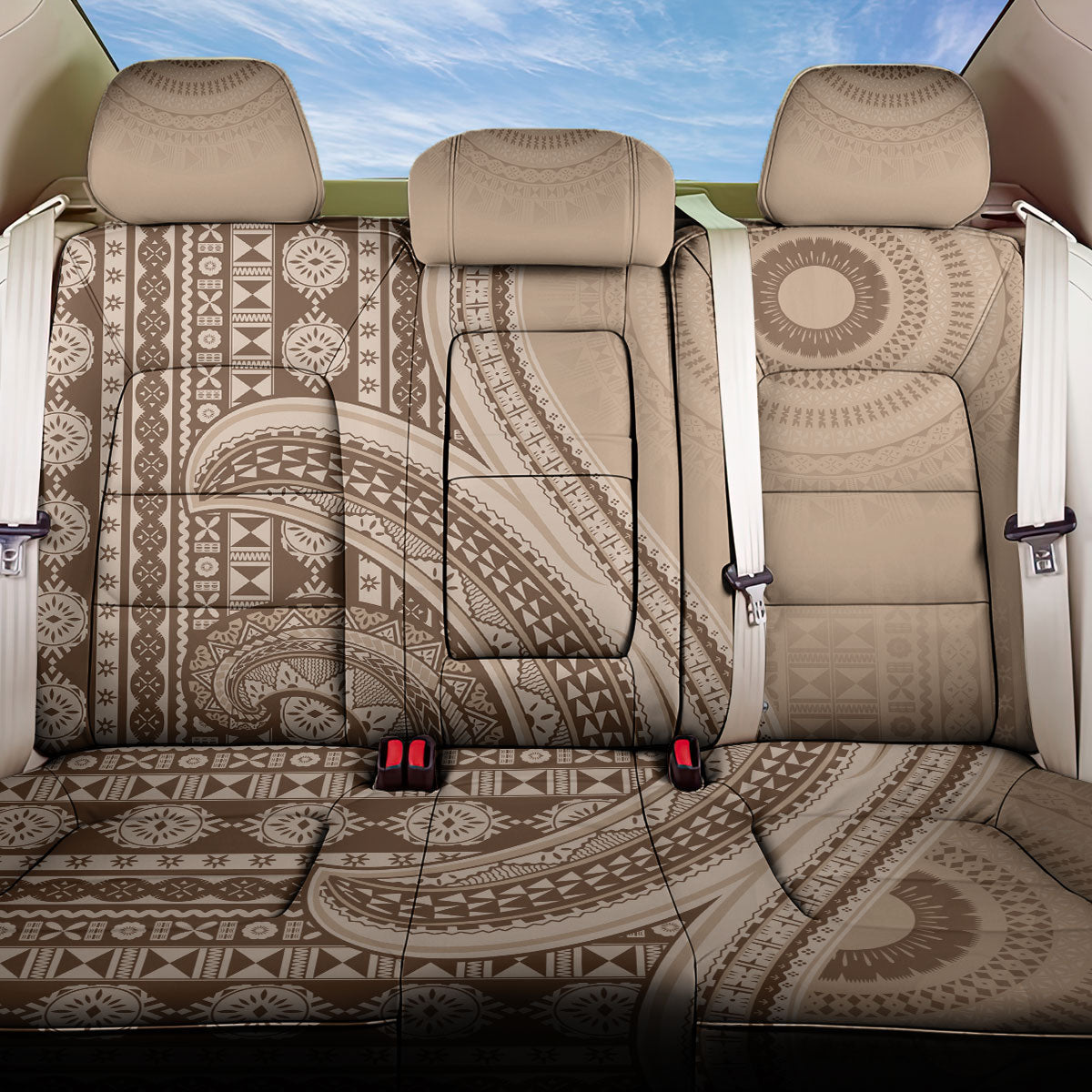 Bula Fiji Vintage Tapa Back Car Seat Cover Kaivity Masi Wave Motifs - Mocha LT7 One Size Beige - Polynesian Pride