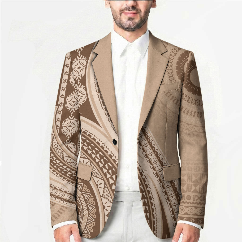 Bula Fiji Vintage Tapa Blazer Kaivity Masi Wave Motifs - Mocha