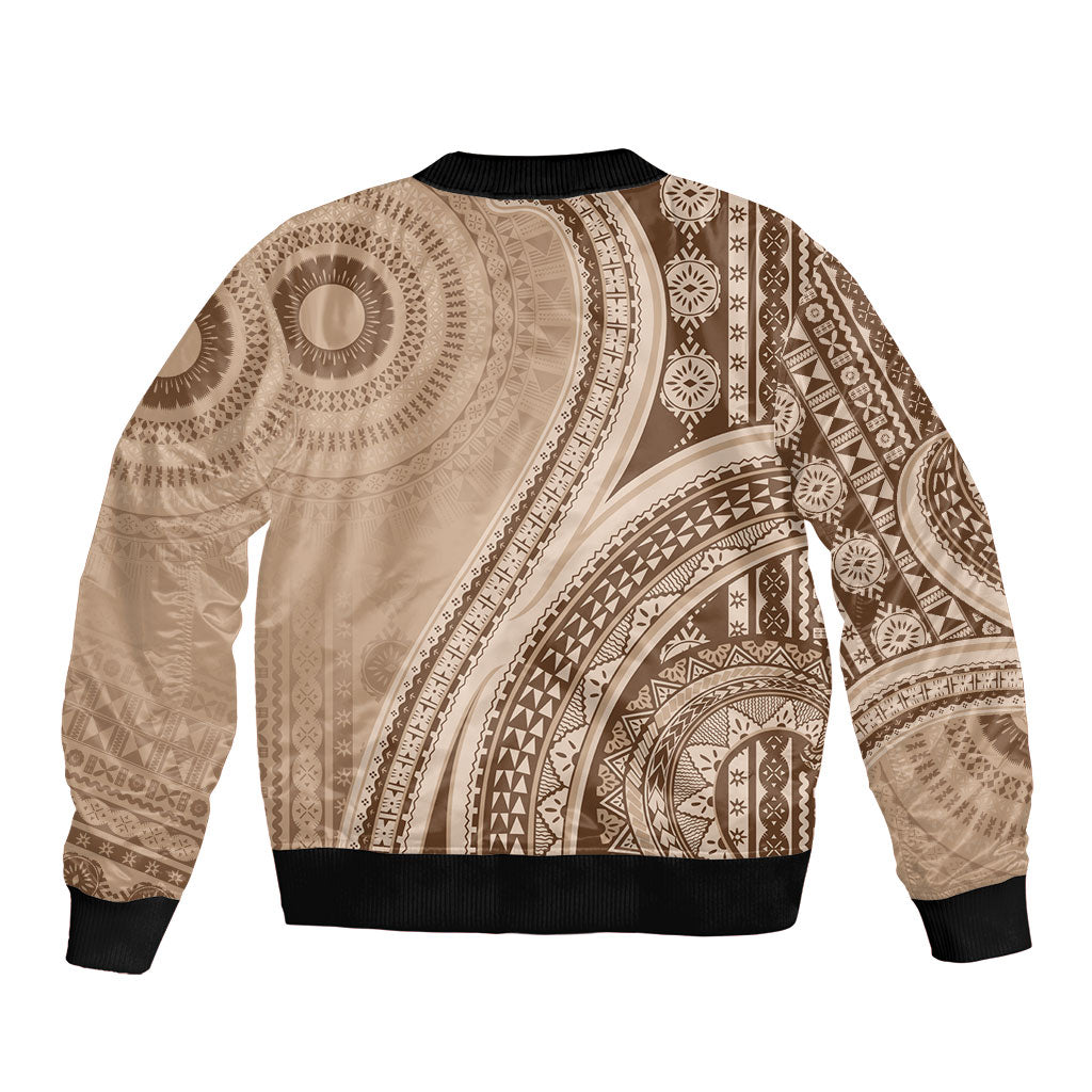 Bula Fiji Vintage Tapa Bomber Jacket Kaivity Masi Wave Motifs - Mocha LT7 - Polynesian Pride