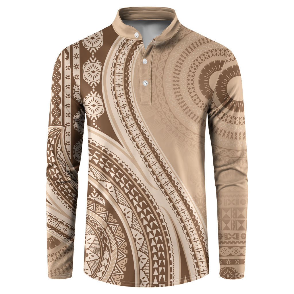 Bula Fiji Vintage Tapa Button Sweatshirt Kaivity Masi Wave Motifs - Mocha