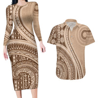 Bula Fiji Vintage Tapa Couples Matching Long Sleeve Bodycon Dress and Hawaiian Shirt Kaivity Masi Wave Motifs - Mocha