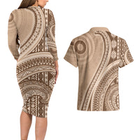 Bula Fiji Vintage Tapa Couples Matching Long Sleeve Bodycon Dress and Hawaiian Shirt Kaivity Masi Wave Motifs - Mocha