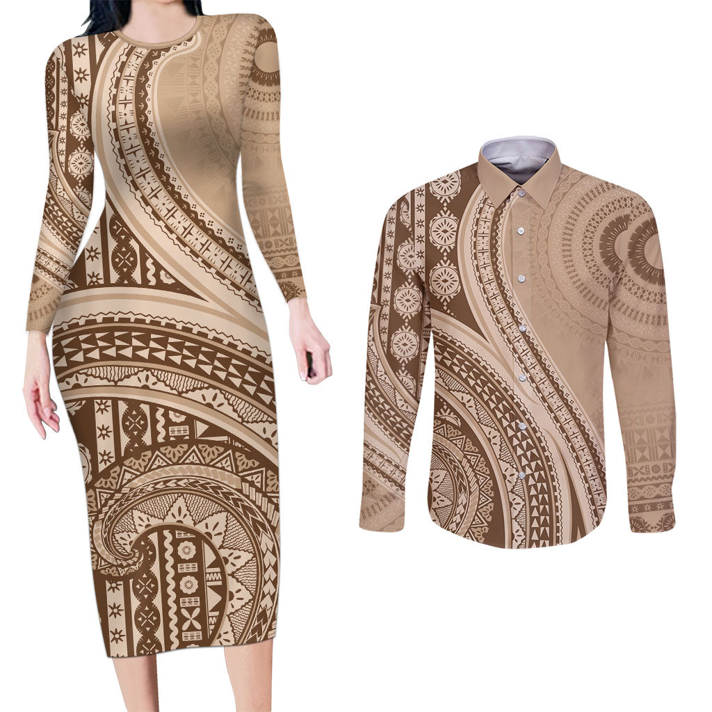 Bula Fiji Vintage Tapa Couples Matching Long Sleeve Bodycon Dress and Long Sleeve Button Shirt Kaivity Masi Wave Motifs - Mocha