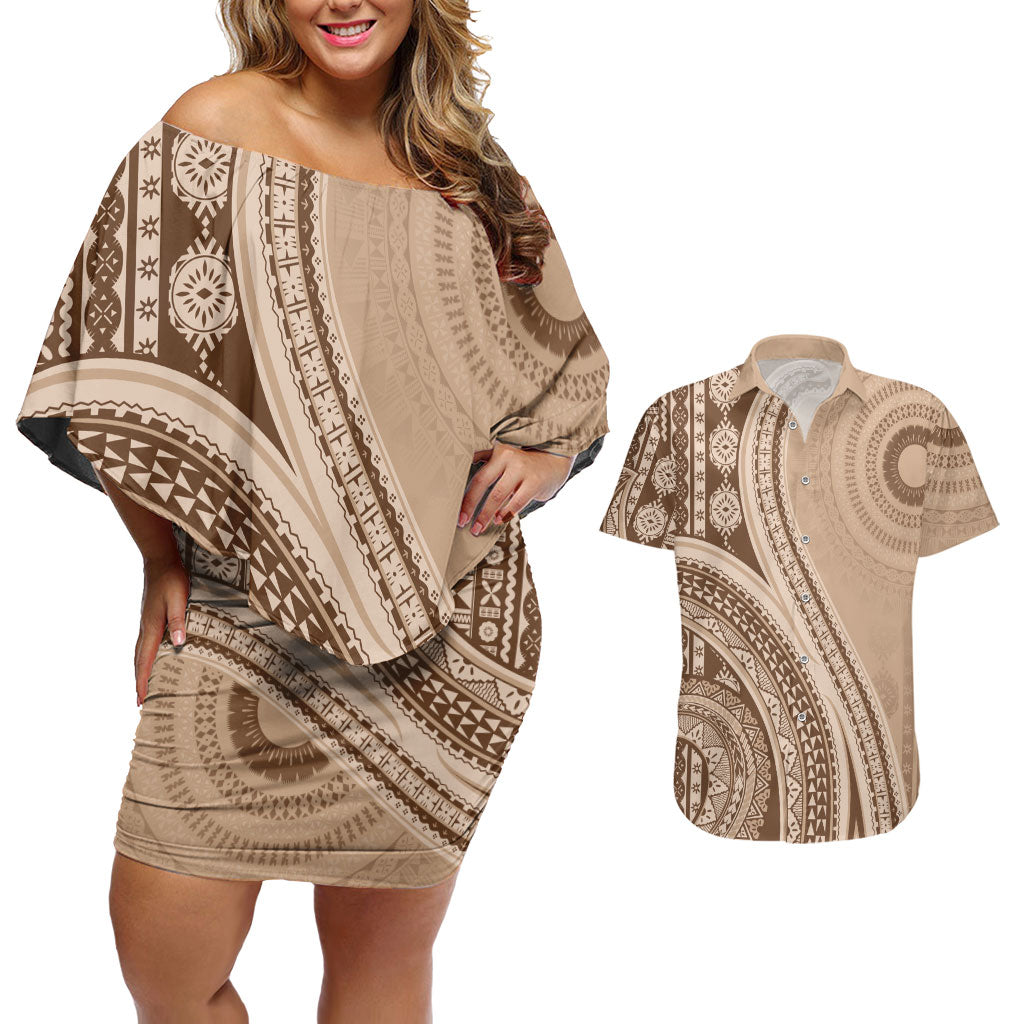 Bula Fiji Vintage Tapa Couples Matching Off Shoulder Short Dress and Hawaiian Shirt Kaivity Masi Wave Motifs - Mocha