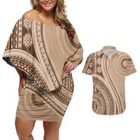 Bula Fiji Vintage Tapa Couples Matching Off Shoulder Short Dress and Hawaiian Shirt Kaivity Masi Wave Motifs - Mocha
