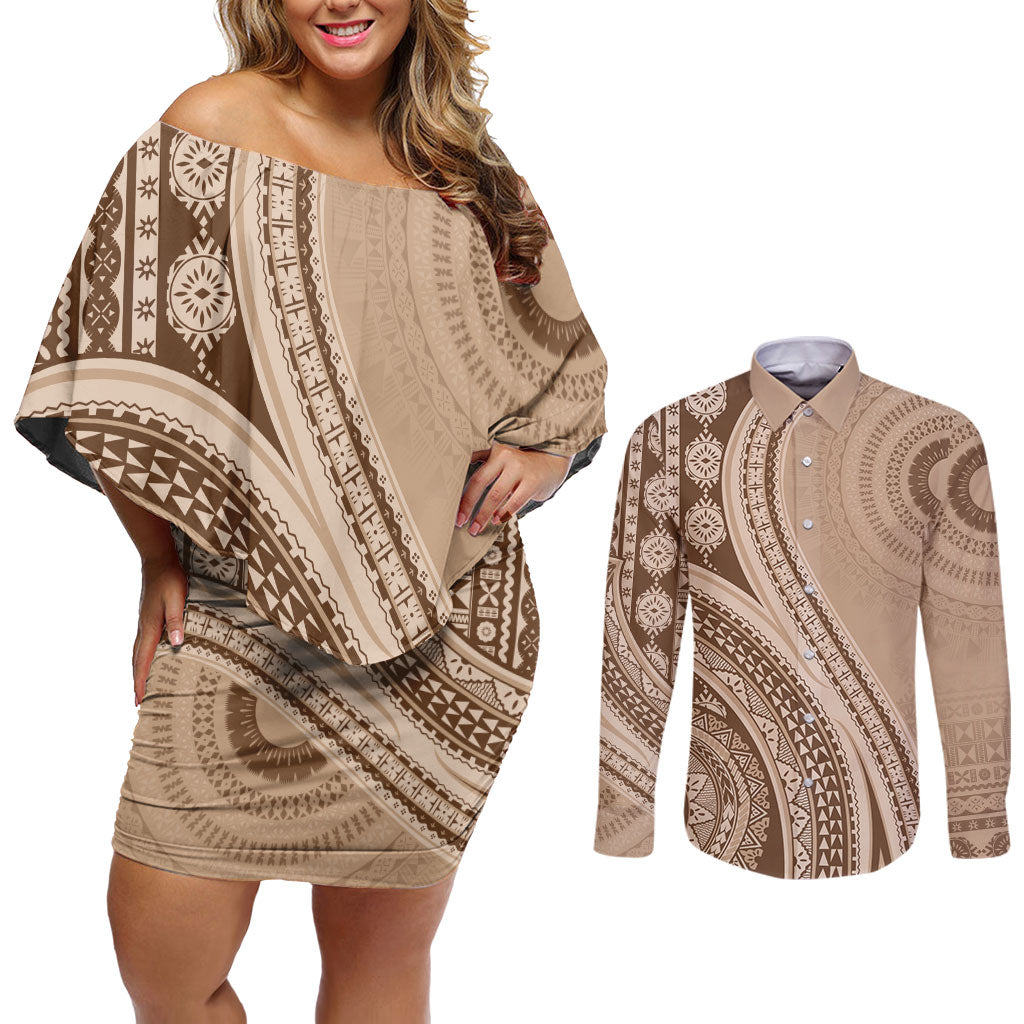 Bula Fiji Vintage Tapa Couples Matching Off Shoulder Short Dress and Long Sleeve Button Shirt Kaivity Masi Wave Motifs - Mocha