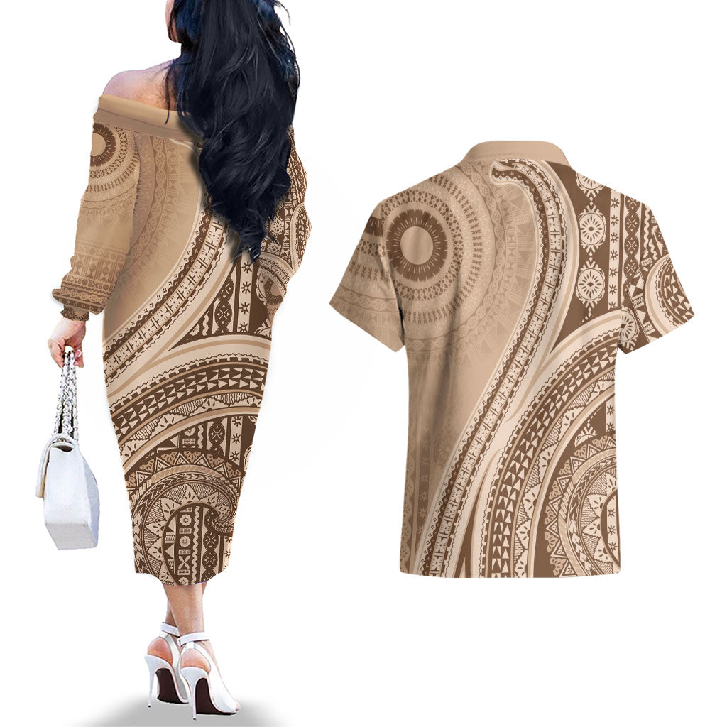 Bula Fiji Vintage Tapa Couples Matching Off The Shoulder Long Sleeve Dress and Hawaiian Shirt Kaivity Masi Wave Motifs - Mocha