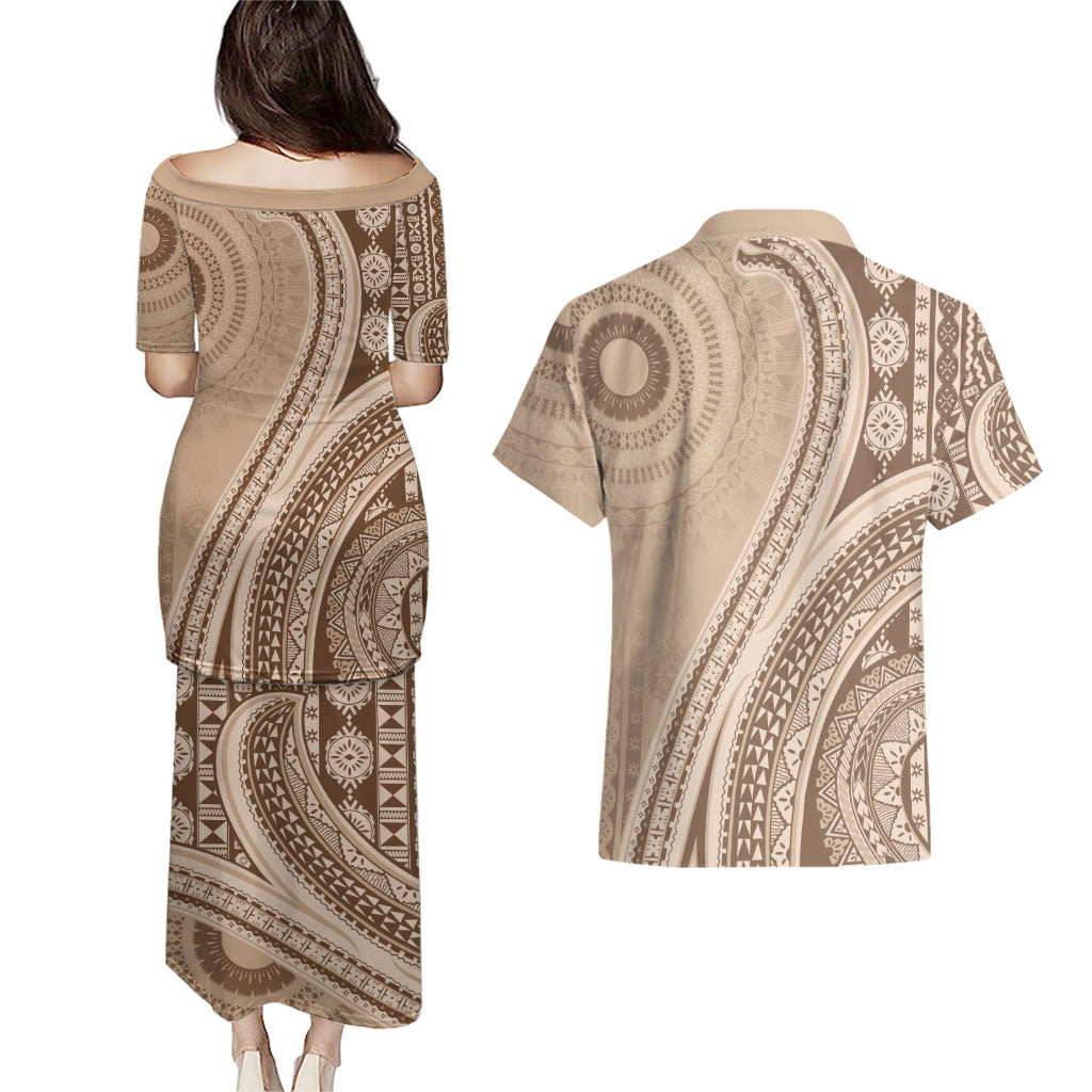 Bula Fiji Vintage Tapa Couples Matching Puletasi and Hawaiian Shirt Kaivity Masi Wave Motifs - Mocha