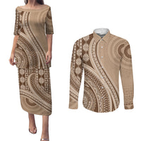 Bula Fiji Vintage Tapa Couples Matching Puletasi and Long Sleeve Button Shirt Kaivity Masi Wave Motifs - Mocha LT7 Beige - Polynesian Pride