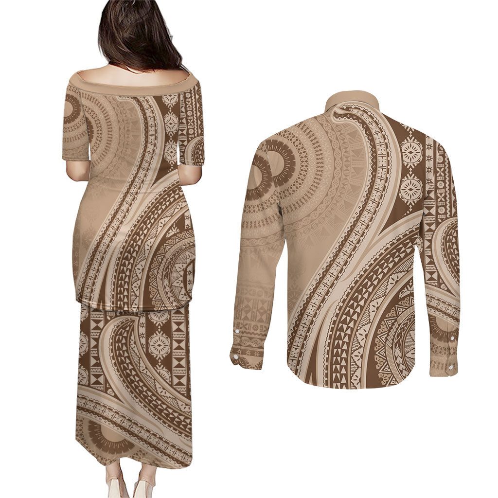 Bula Fiji Vintage Tapa Couples Matching Puletasi and Long Sleeve Button Shirt Kaivity Masi Wave Motifs - Mocha LT7 - Polynesian Pride