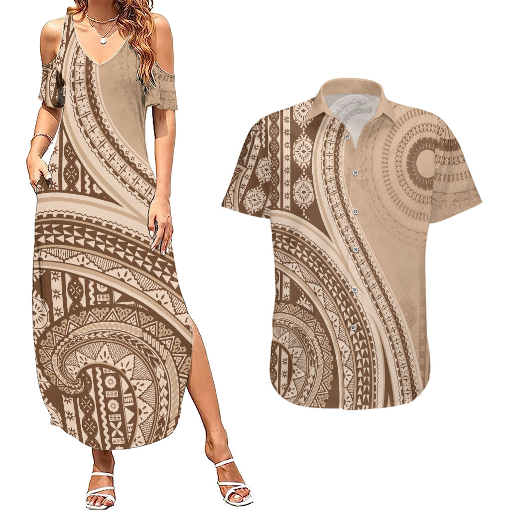Bula Fiji Vintage Tapa Couples Matching Summer Maxi Dress and Hawaiian Shirt Kaivity Masi Wave Motifs - Mocha