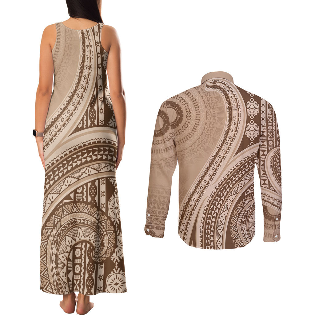 Bula Fiji Vintage Tapa Couples Matching Tank Maxi Dress and Long Sleeve Button Shirt Kaivity Masi Wave Motifs - Mocha