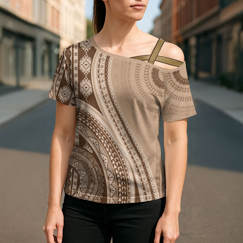 Bula Fiji Vintage Tapa Cross Shoulder Shirt Kaivity Masi Wave Motifs - Mocha