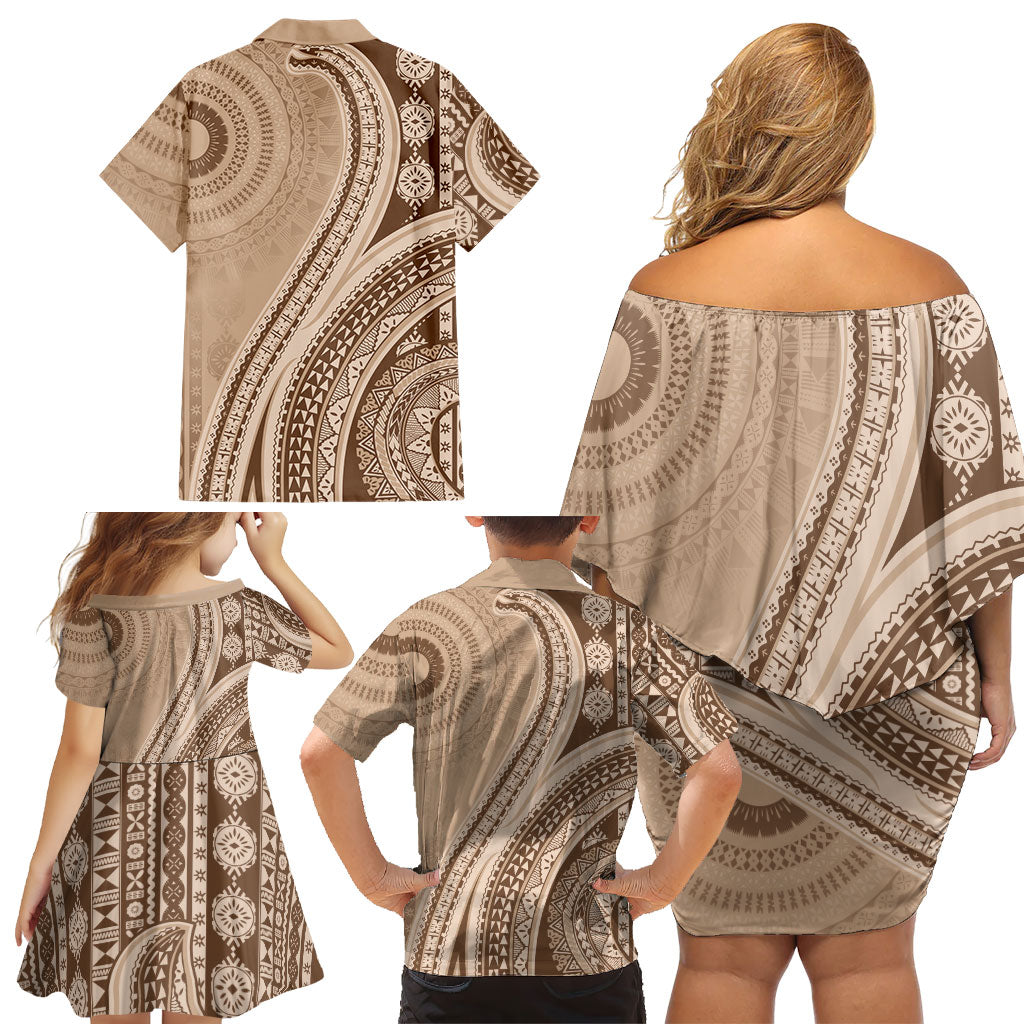 Bula Fiji Vintage Tapa Family Matching Off Shoulder Short Dress and Hawaiian Shirt Kaivity Masi Wave Motifs - Mocha