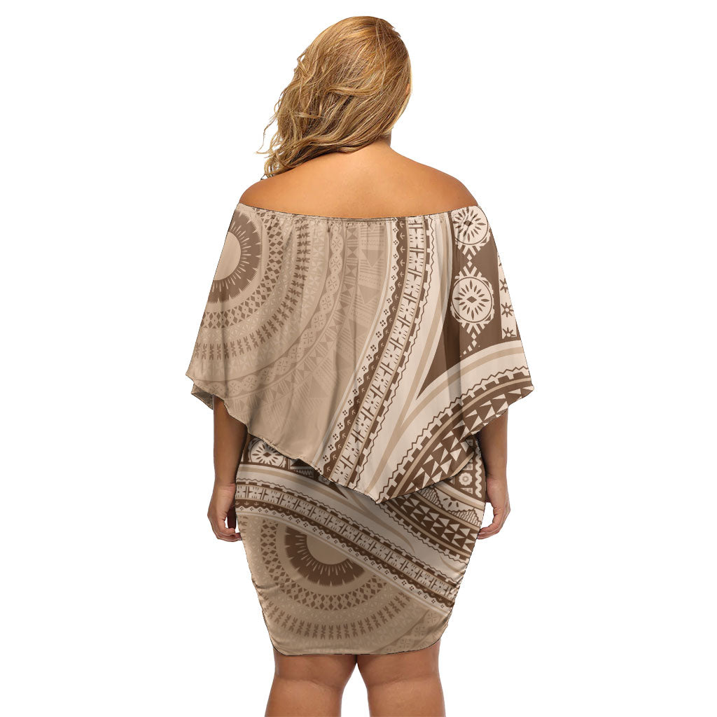 Bula Fiji Vintage Tapa Family Matching Off Shoulder Short Dress and Hawaiian Shirt Kaivity Masi Wave Motifs - Mocha