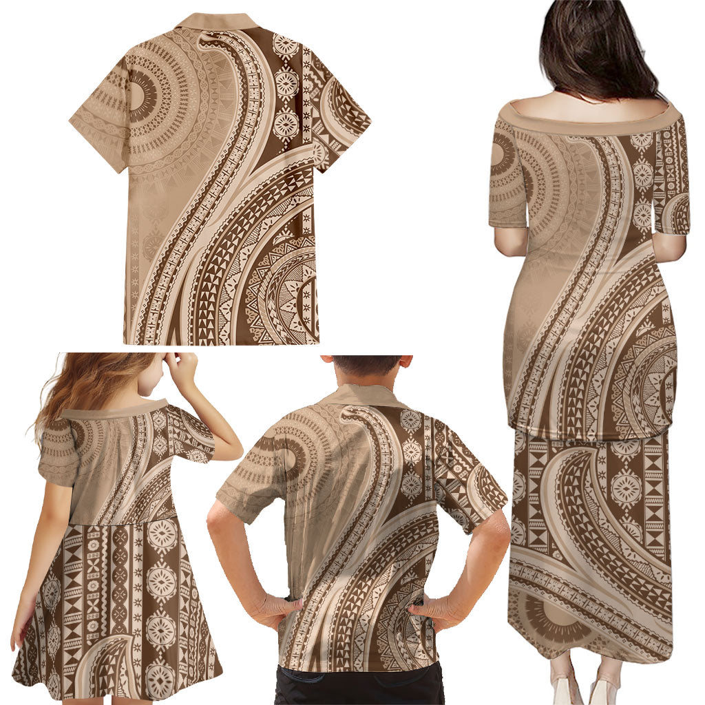 Bula Fiji Vintage Tapa Family Matching Puletasi and Hawaiian Shirt Kaivity Masi Wave Motifs - Mocha
