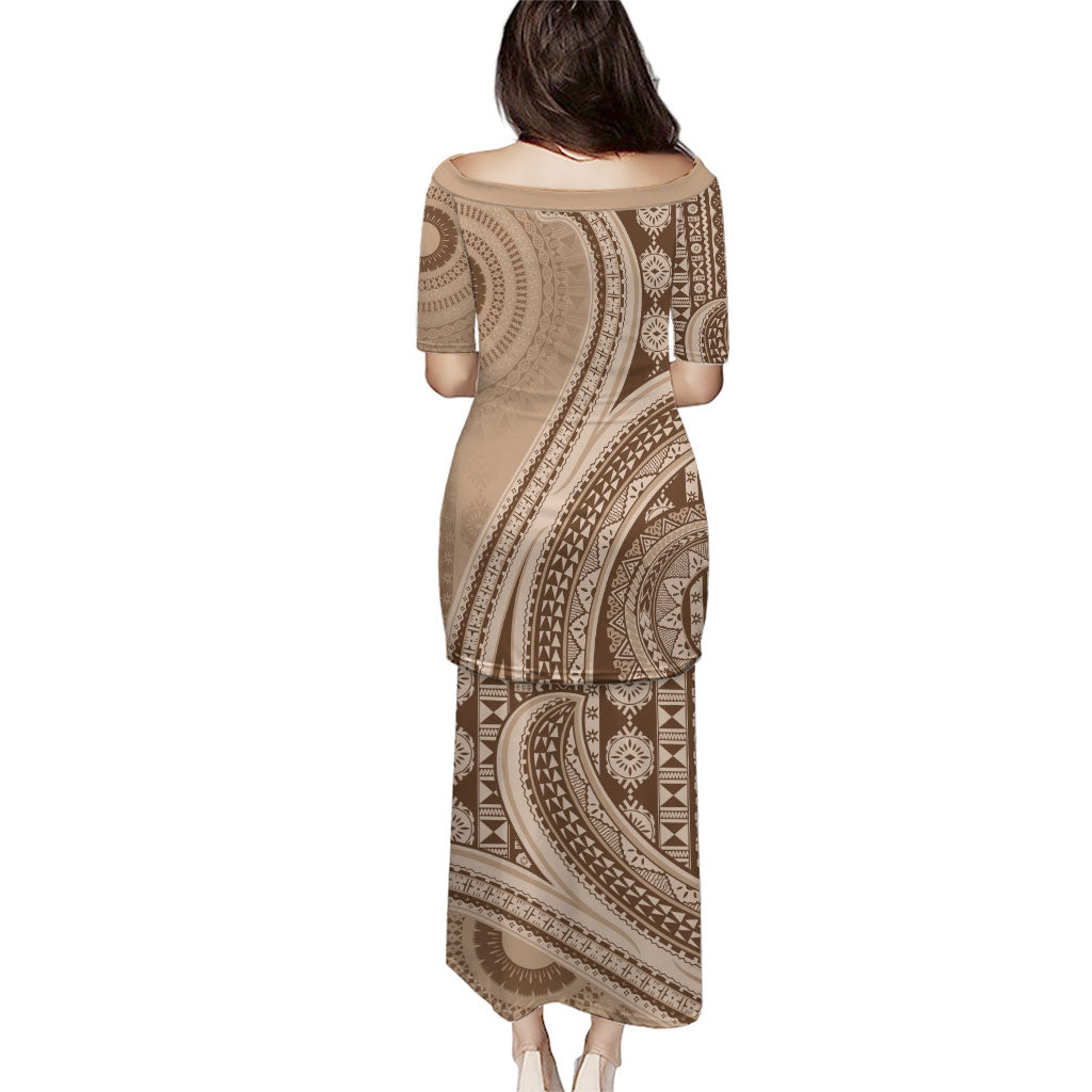 Bula Fiji Vintage Tapa Family Matching Puletasi and Hawaiian Shirt Kaivity Masi Wave Motifs - Mocha