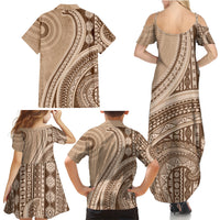 Bula Fiji Vintage Tapa Family Matching Summer Maxi Dress and Hawaiian Shirt Kaivity Masi Wave Motifs - Mocha