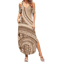 Bula Fiji Vintage Tapa Family Matching Summer Maxi Dress and Hawaiian Shirt Kaivity Masi Wave Motifs - Mocha