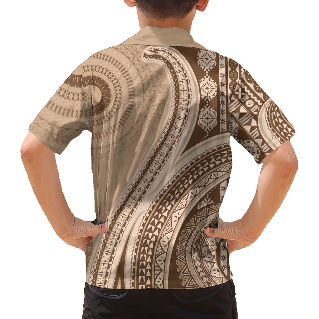 Bula Fiji Vintage Tapa Family Matching Tank Maxi Dress and Hawaiian Shirt Kaivity Masi Wave Motifs - Mocha