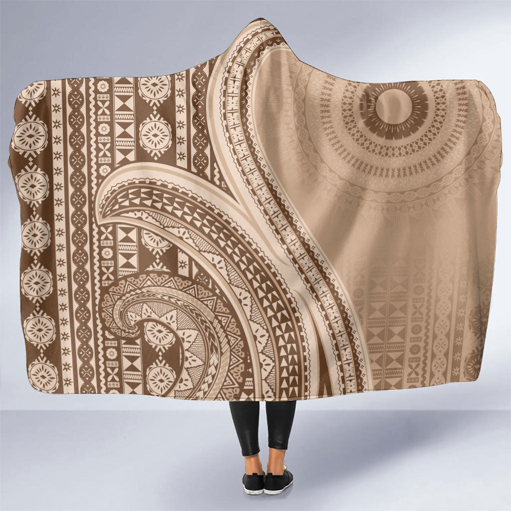Bula Fiji Vintage Tapa Hooded Blanket Kaivity Masi Wave Motifs - Mocha