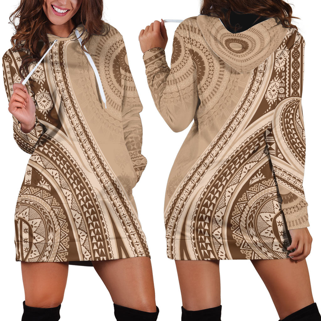 Bula Fiji Vintage Tapa Hoodie Dress Kaivity Masi Wave Motifs - Mocha LT7 - Polynesian Pride