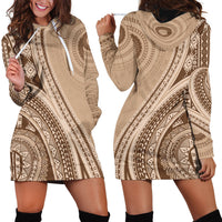 Bula Fiji Vintage Tapa Hoodie Dress Kaivity Masi Wave Motifs - Mocha LT7 - Polynesian Pride