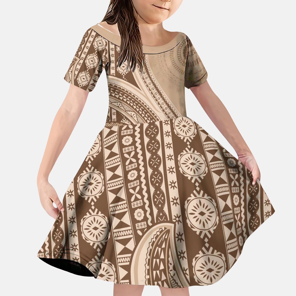 Bula Fiji Vintage Tapa Kid Short Sleeve Dress Kaivity Masi Wave Motifs - Mocha