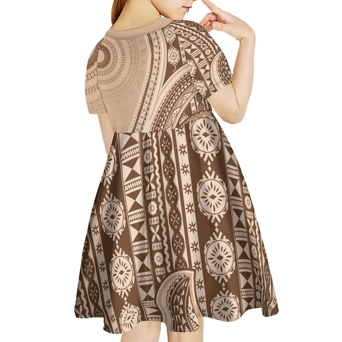 Bula Fiji Vintage Tapa Kid Short Sleeve Dress Kaivity Masi Wave Motifs - Mocha