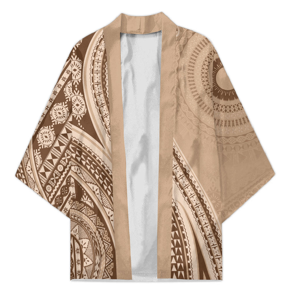 Bula Fiji Vintage Tapa Kimono Kaivity Masi Wave Motifs - Mocha LT7 Unisex Beige - Polynesian Pride
