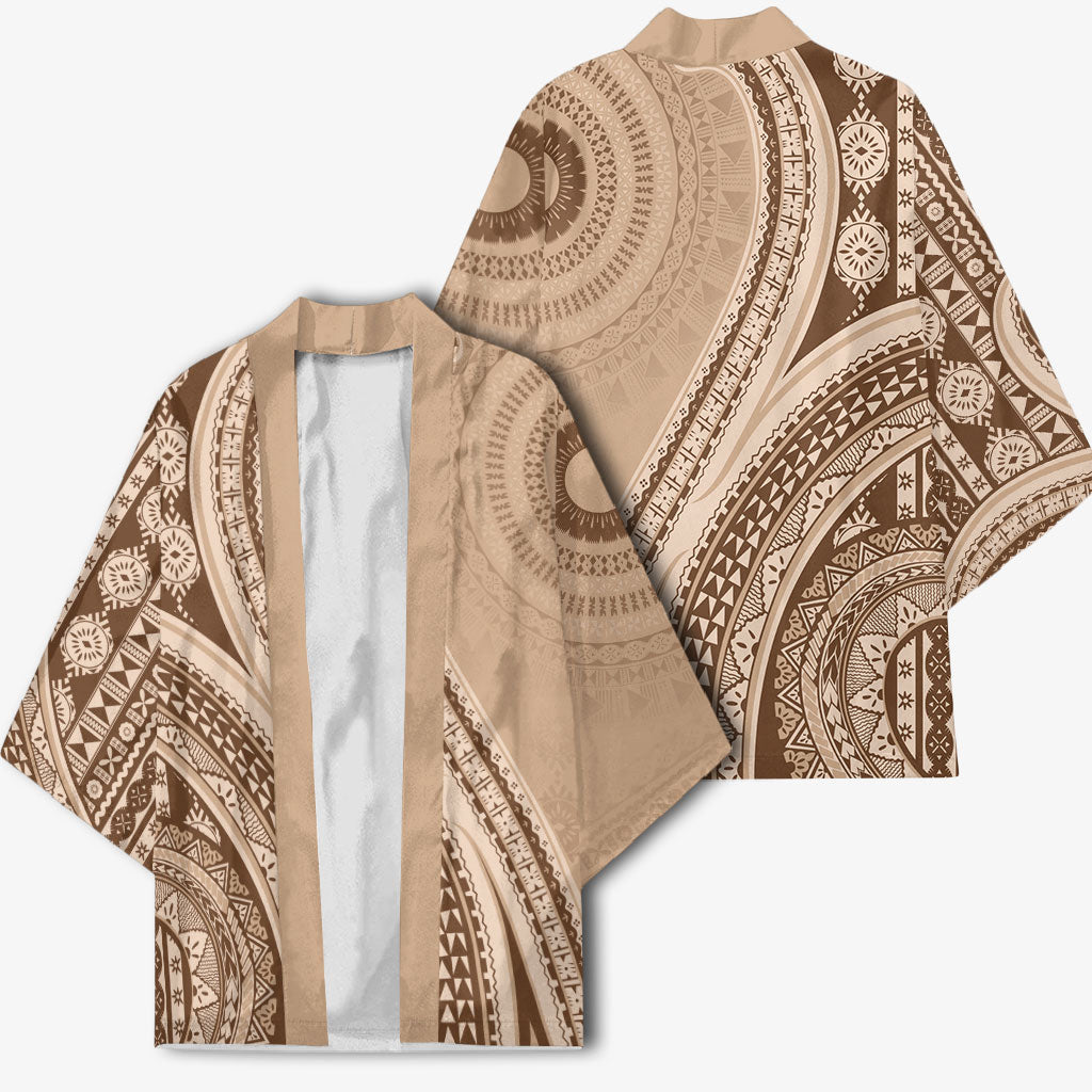 Bula Fiji Vintage Tapa Kimono Kaivity Masi Wave Motifs - Mocha LT7 - Polynesian Pride