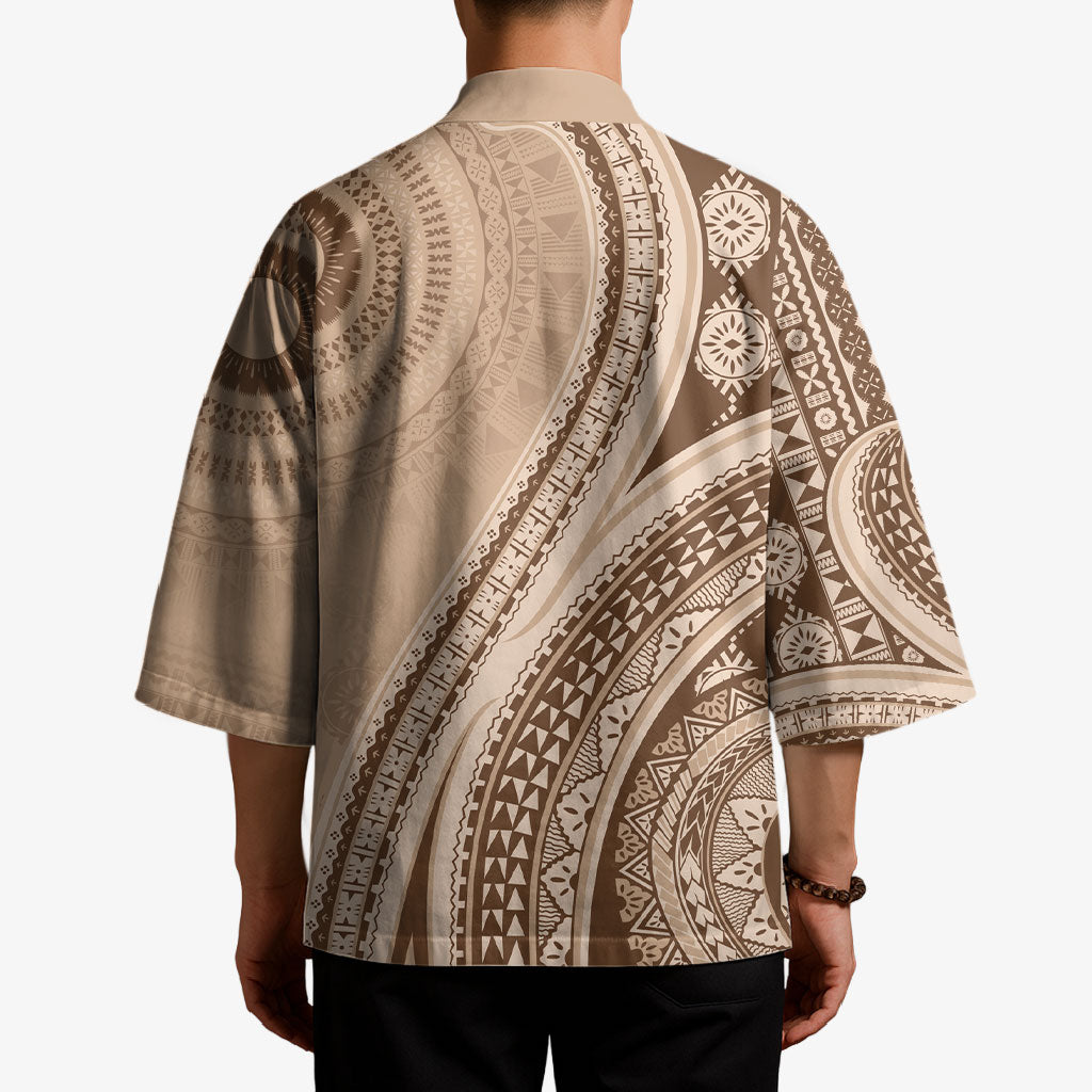 Bula Fiji Vintage Tapa Kimono Kaivity Masi Wave Motifs - Mocha LT7 - Polynesian Pride