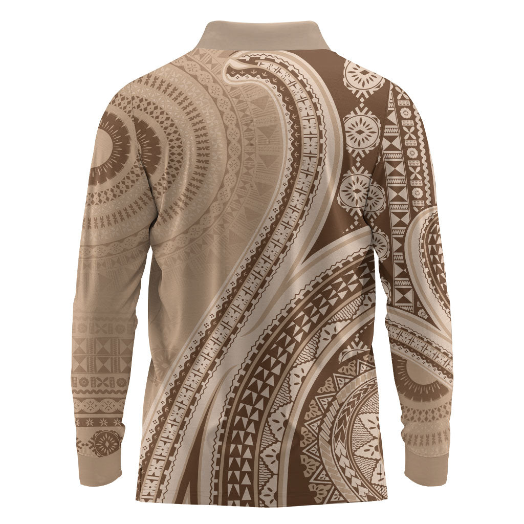 Bula Fiji Vintage Tapa Long Sleeve Polo Shirt Kaivity Masi Wave Motifs - Mocha