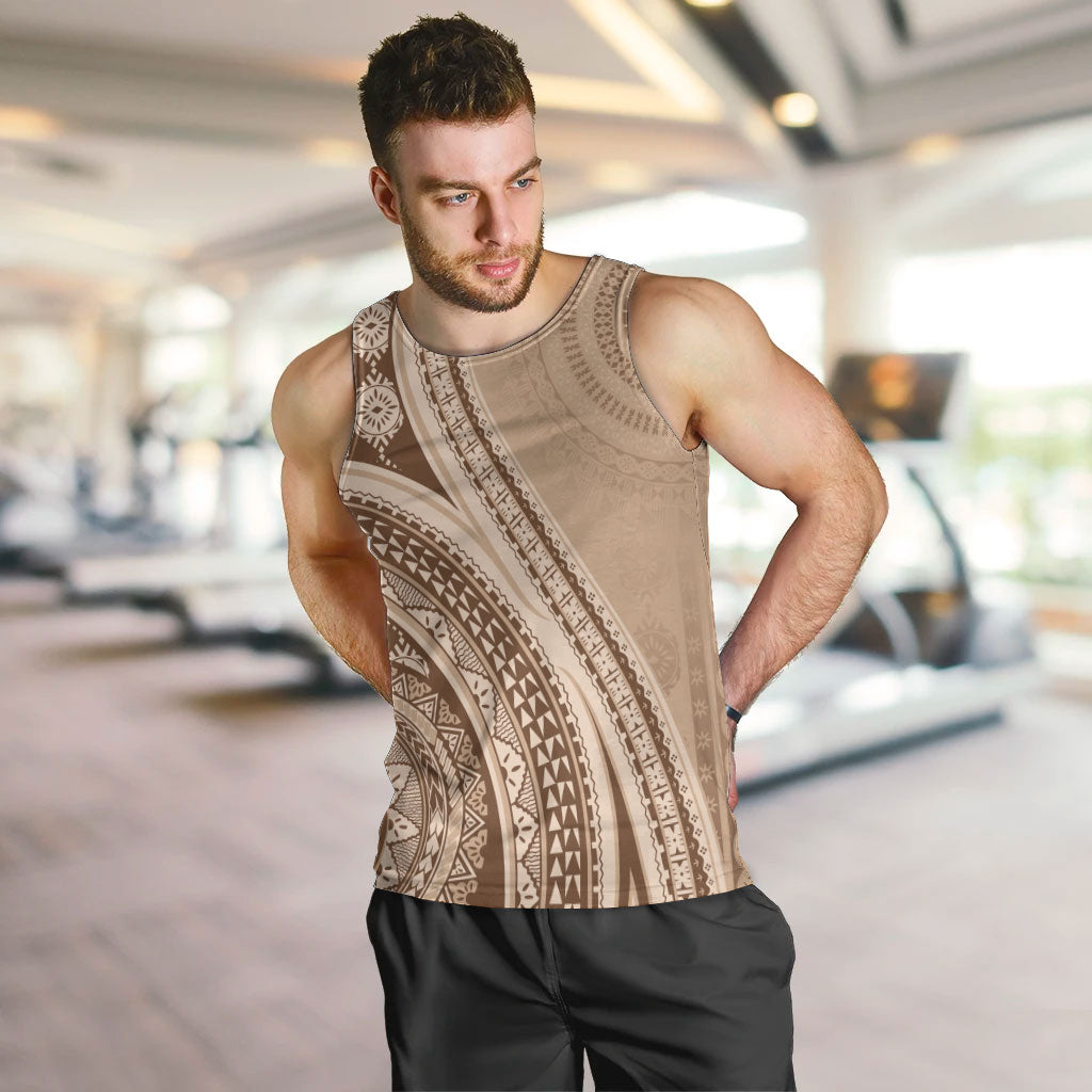 Bula Fiji Vintage Tapa Men Tank Top Kaivity Masi Wave Motifs - Mocha LT7 Beige - Polynesian Pride