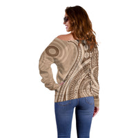 Bula Fiji Vintage Tapa Off Shoulder Sweater Kaivity Masi Wave Motifs - Mocha