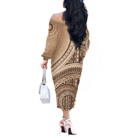 Bula Fiji Vintage Tapa Off The Shoulder Long Sleeve Dress Kaivity Masi Wave Motifs - Mocha LT7 - Polynesian Pride