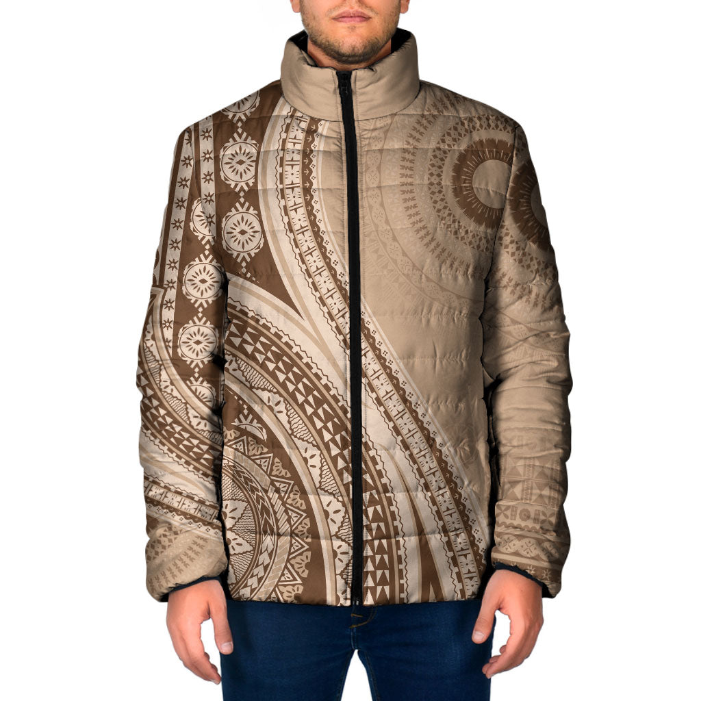 Bula Fiji Vintage Tapa Padded Jacket Kaivity Masi Wave Motifs - Mocha