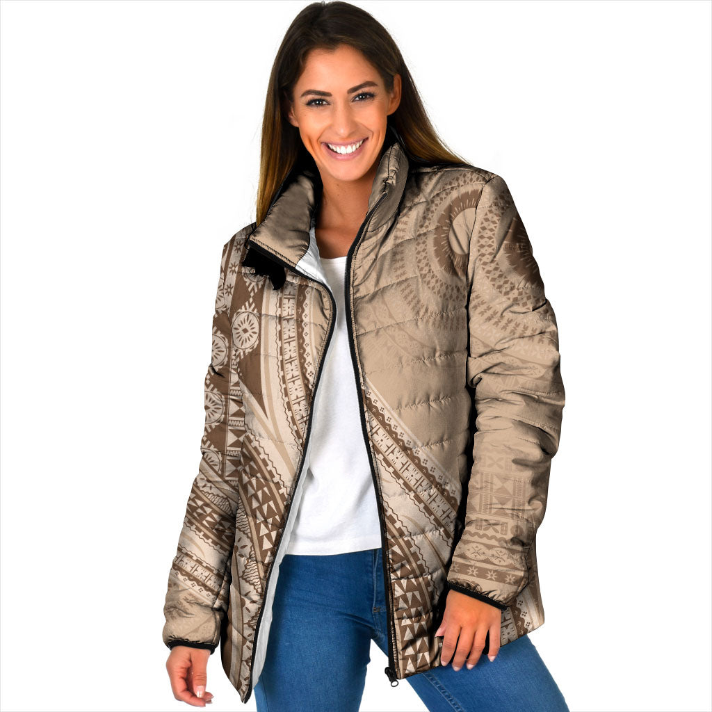Bula Fiji Vintage Tapa Padded Jacket Kaivity Masi Wave Motifs - Mocha