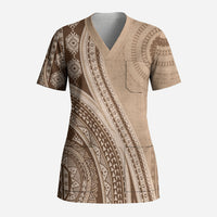 Bula Fiji Vintage Tapa Scrub Top Kaivity Masi Wave Motifs - Mocha LT7 Adult Beige - Polynesian Pride