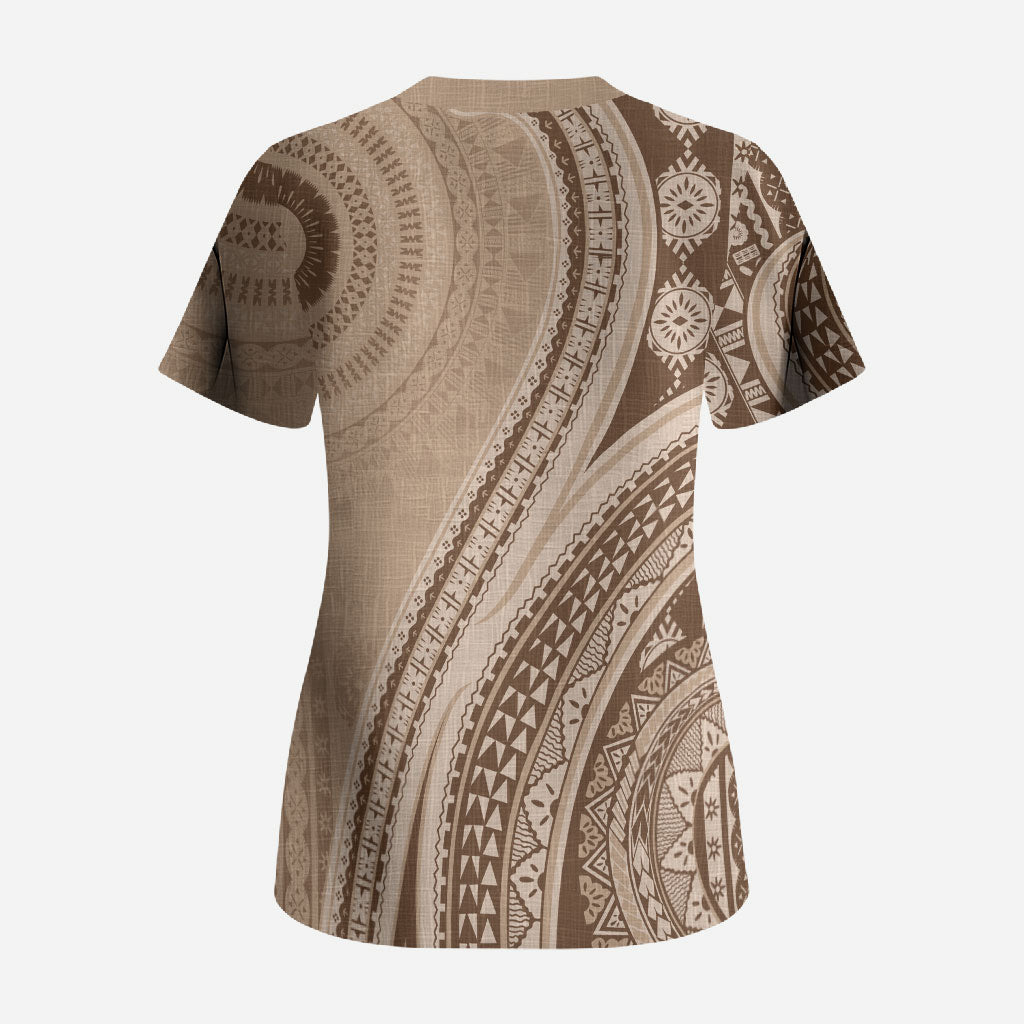 Bula Fiji Vintage Tapa Scrub Top Kaivity Masi Wave Motifs - Mocha LT7 - Polynesian Pride