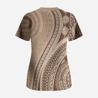 Bula Fiji Vintage Tapa Scrub Top Kaivity Masi Wave Motifs - Mocha LT7 - Polynesian Pride