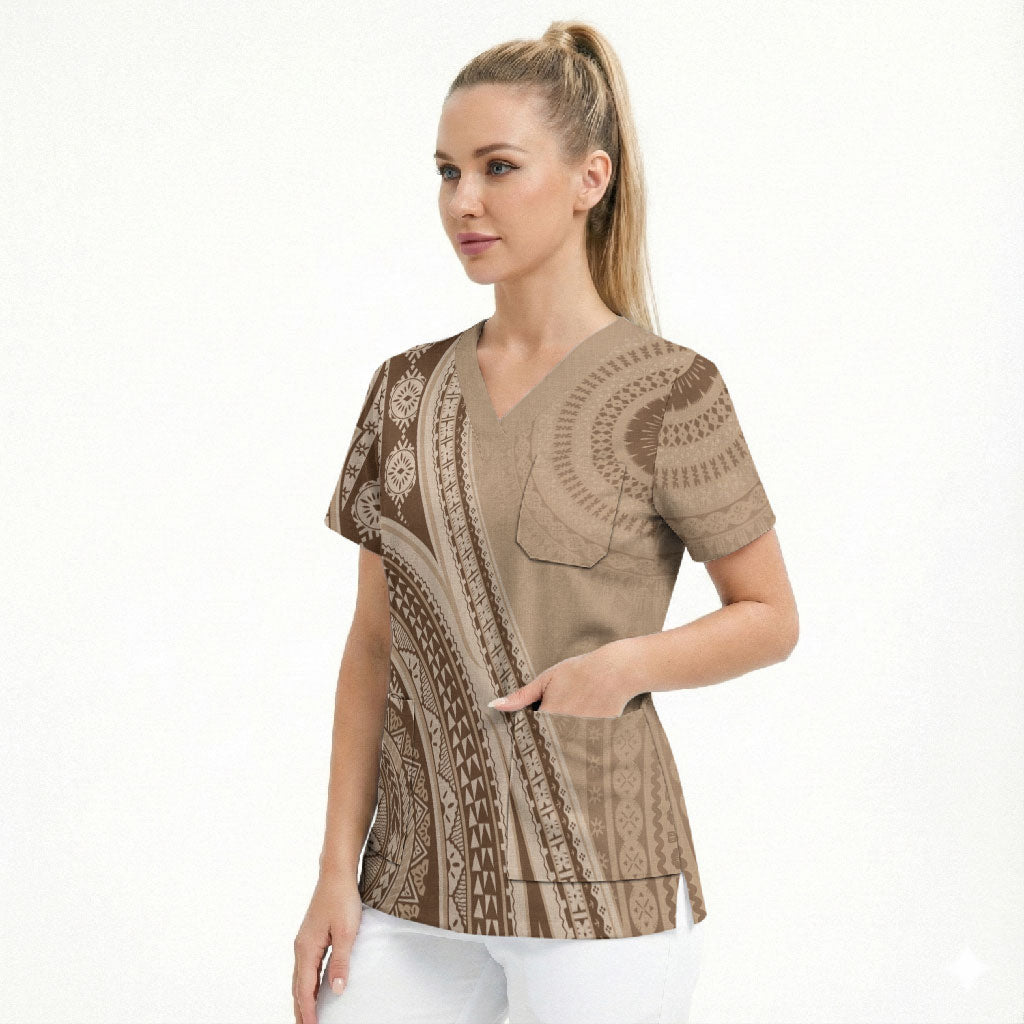 Bula Fiji Vintage Tapa Scrub Top Kaivity Masi Wave Motifs - Mocha LT7 - Polynesian Pride