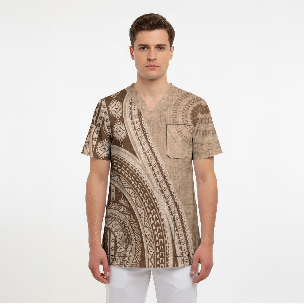 Bula Fiji Vintage Tapa Scrub Top Kaivity Masi Wave Motifs - Mocha LT7 - Polynesian Pride