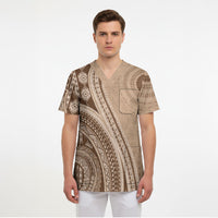 Bula Fiji Vintage Tapa Scrub Top Kaivity Masi Wave Motifs - Mocha LT7 - Polynesian Pride