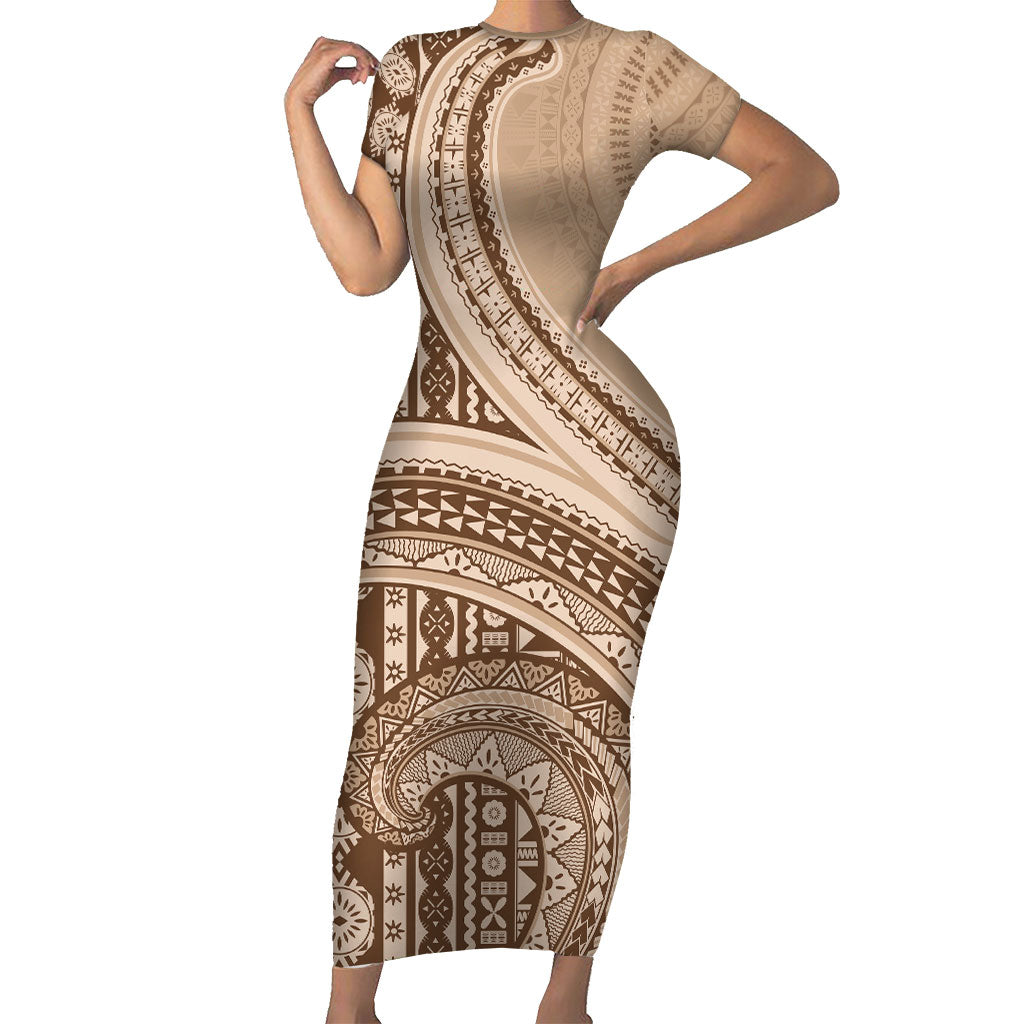 Bula Fiji Vintage Tapa Short Sleeve Bodycon Dress Kaivity Masi Wave Motifs - Mocha LT7 Long Dress Beige - Polynesian Pride