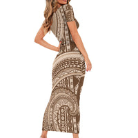Bula Fiji Vintage Tapa Short Sleeve Bodycon Dress Kaivity Masi Wave Motifs - Mocha LT7 - Polynesian Pride
