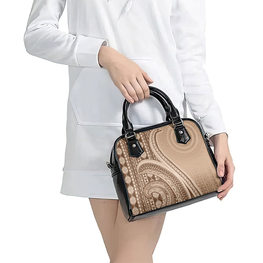 Bula Fiji Vintage Tapa Shoulder Handbag Kaivity Masi Wave Motifs - Mocha